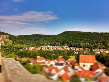 Tilt-shift image of green landscape against sky