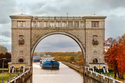 View of the shipping channel on the river. the ship enters the gateway.