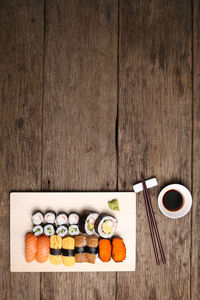 Directly above shot of sushi served on table