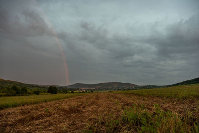 Scenic view of field against cloudy sky