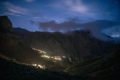 Scenic view of mountains against sky at night