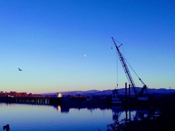 Silhouette cranes by lake against clear sky at night