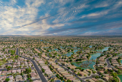 High angle view of cityscape against sky