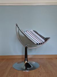 High angle view of empty book on table against wall