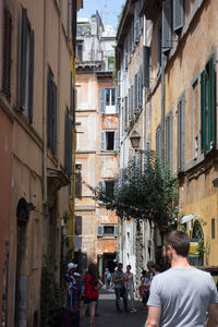 Exterior of buildings with houseplants and street lamp and narrow street