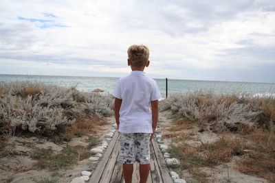 Rear view of woman standing on footpath by sea