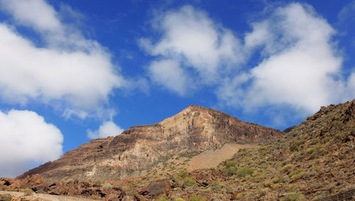 Low angle view of mountain against cloudy sky