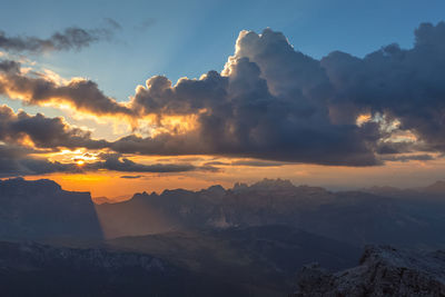 Scenic view of snowcapped mountains against sky during sunset