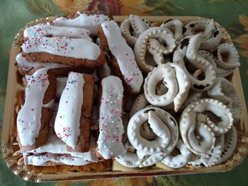 High angle view of cake in plate on table