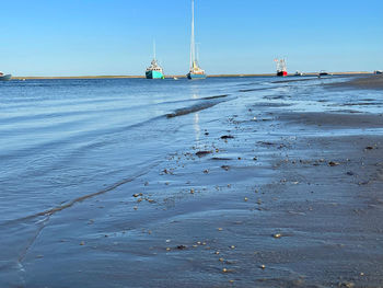 Sailboats moored on sea against the sky