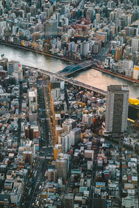 High angle view of modern buildings in city