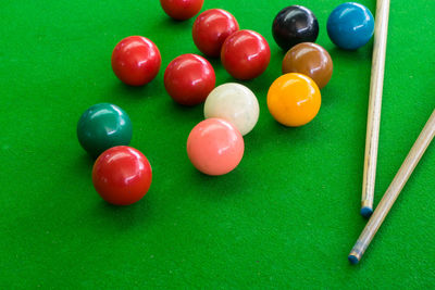 High angle view of multi colored balls on table