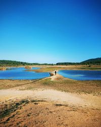 Scenic view of lake against clear blue sky