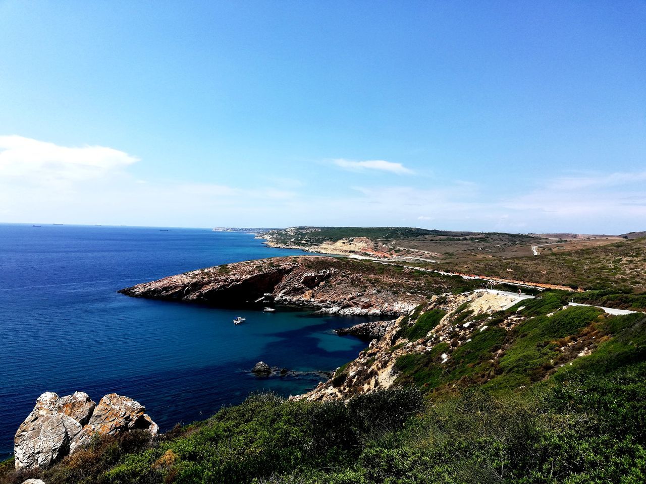 sky, sea, water, scenics - nature, tranquil scene, beauty in nature, tranquility, cloud - sky, day, land, nature, no people, blue, horizon, horizon over water, idyllic, non-urban scene, plant, high angle view, outdoors, rocky coastline