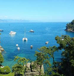 Scenic view of sea against clear blue sky