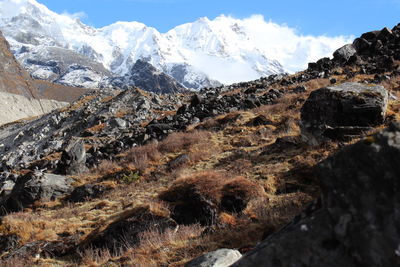 Scenic view of snowcapped mountains against sky