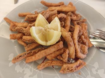 High angle view of meat and fries on plate