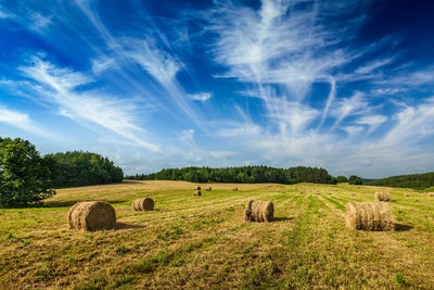 Hay bales on field against sky