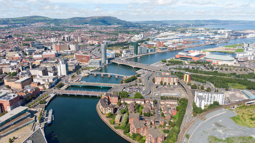 High angle view of buildings in city