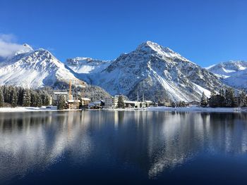 Scenic view of snowcapped mountains and lake against blue sky