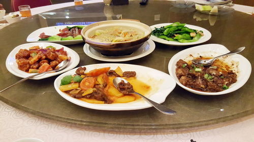 High angle view of meal served on table