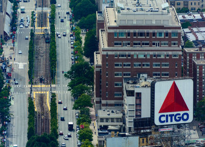 High angle view of city street and buildings