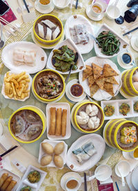 High angle view of food served on table