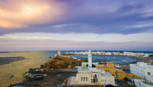 High angle view of marina at sunset