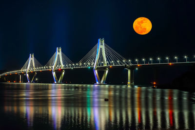 Illuminated suspension bridge over river at night