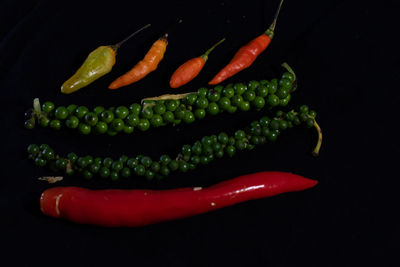 Close-up of chili peppers against black background