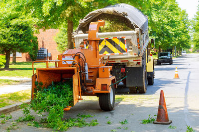 Agricultural machinery picking plants from road