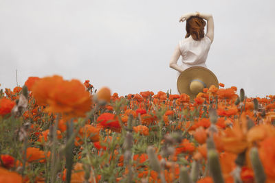 Woman standing by flowering plants against sky