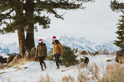 Couple cuts down christmas tree in the tetons with dog christmas tree