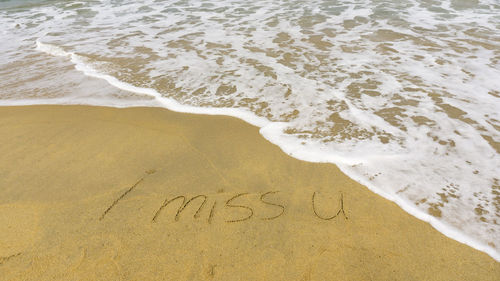 High angle view of text on beach