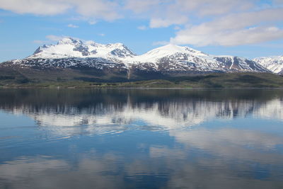 Scenic view of snow covered mountains against sky