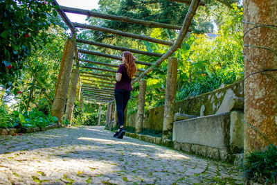 Woman walking on footpath amidst trees