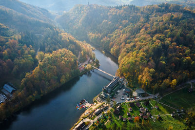 Resting zone for nature recreation in autumn mountains with forest