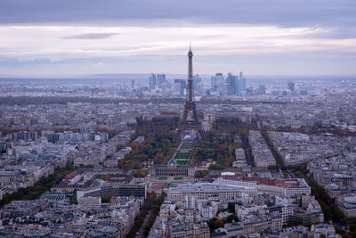 High angle view of city buildings against sky