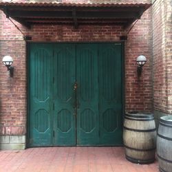Closed green door of brick house