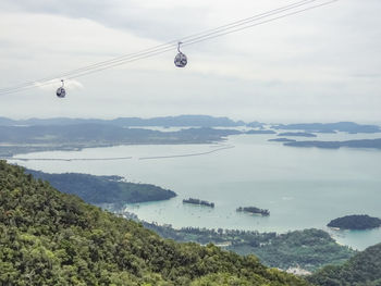 Overhead cable car over sea against sky