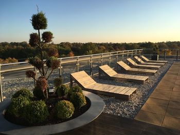 High angle view of swimming pool against clear sky