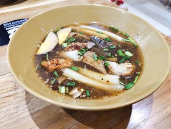 High angle view of soup in bowl on table