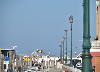 Low angle view of cityscape against clear sky