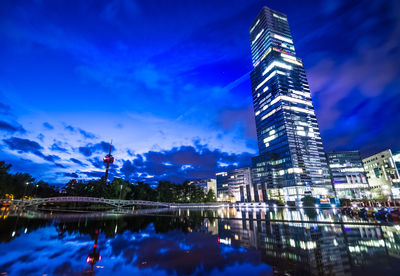 Illuminated buildings in city at night