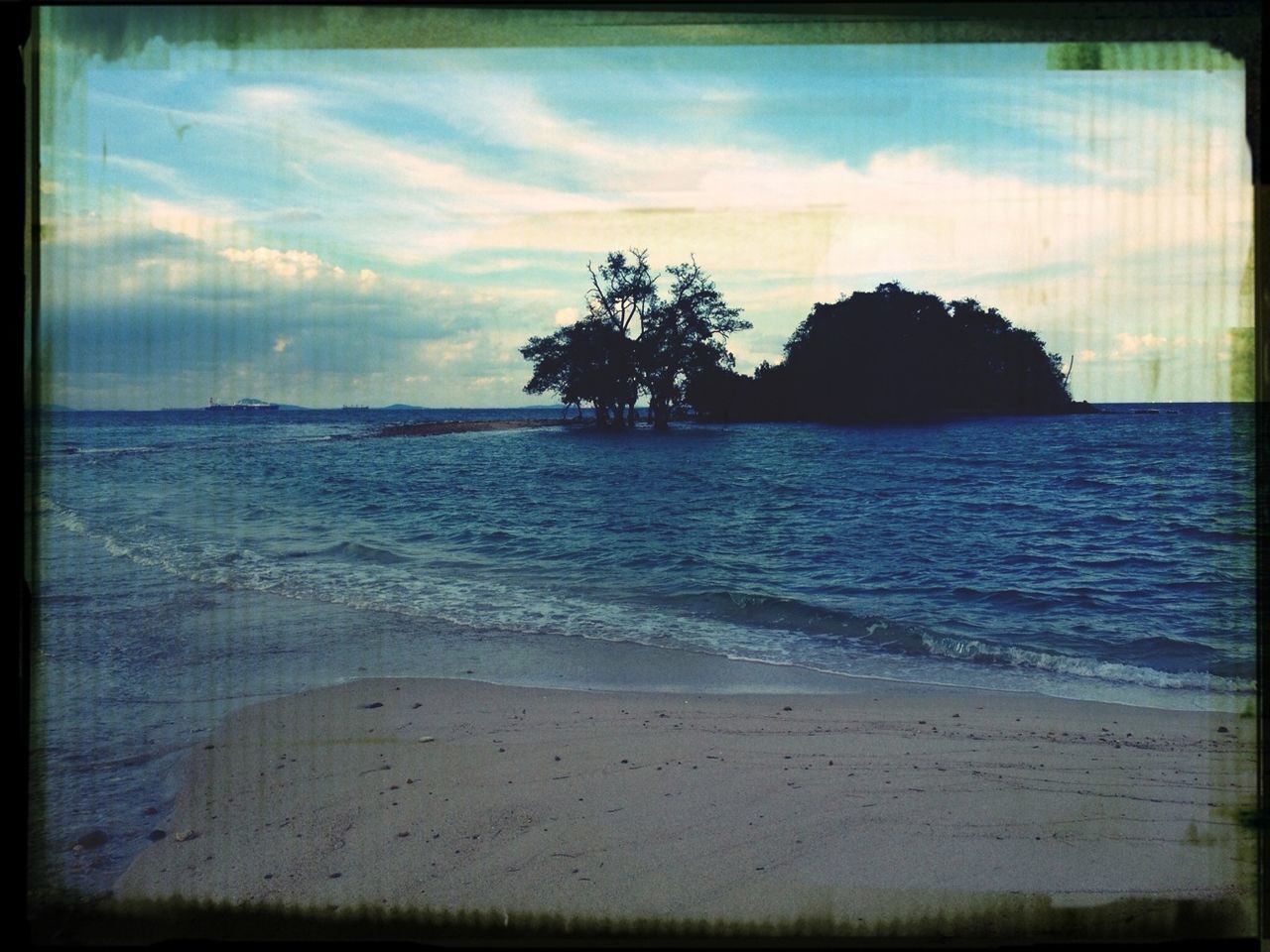 water, sky, transfer print, tranquil scene, sea, tranquility, beach, scenics, auto post production filter, beauty in nature, cloud - sky, shore, nature, horizon over water, cloud, tree, cloudy, sand, idyllic, coastline