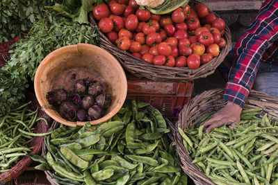 Vegetables in basket for sale at market