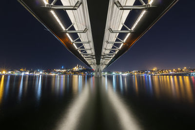 Illuminated bridge over river at night