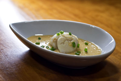 High angle view of soup in bowl on table