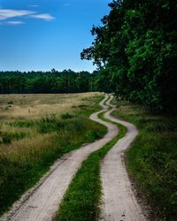 Road amidst trees on field against sky