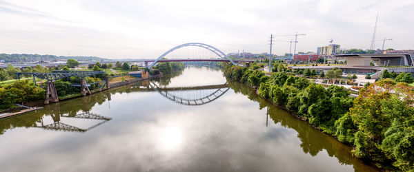 Bridge over river in city against sky